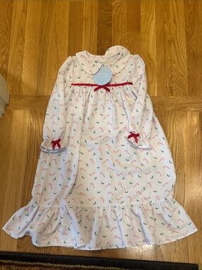 Little English White Nightgown with Red Ribbon and Candy Cane Print